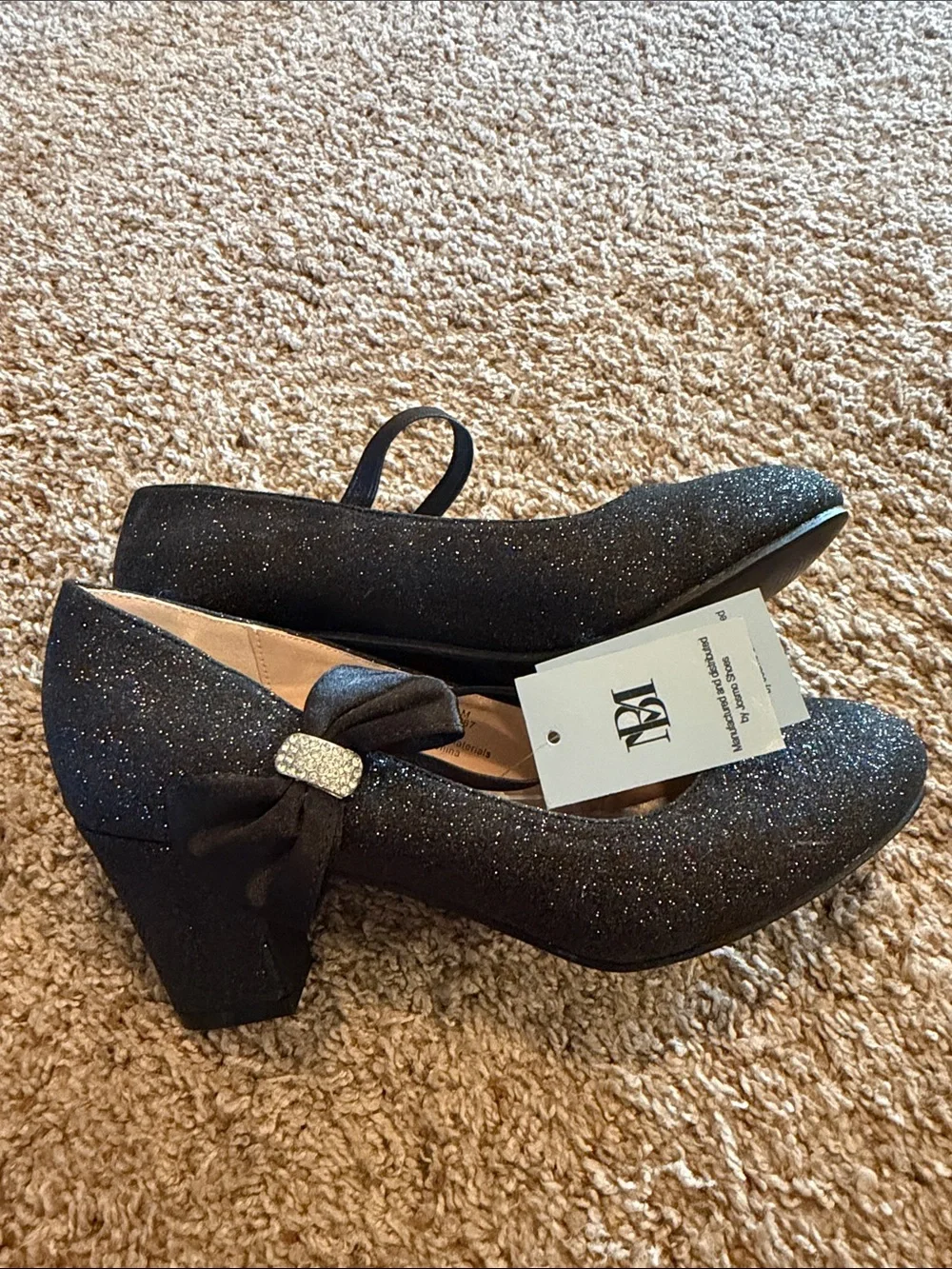 Girls' Black Glitter Bow Block Heel Dress Shoes